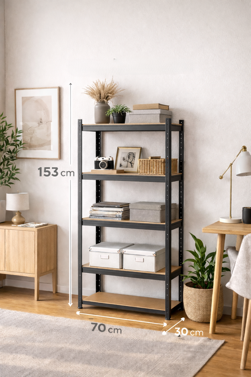 Estante metálico negro 152x70x30 cm MDF 800kg en contexto comercial