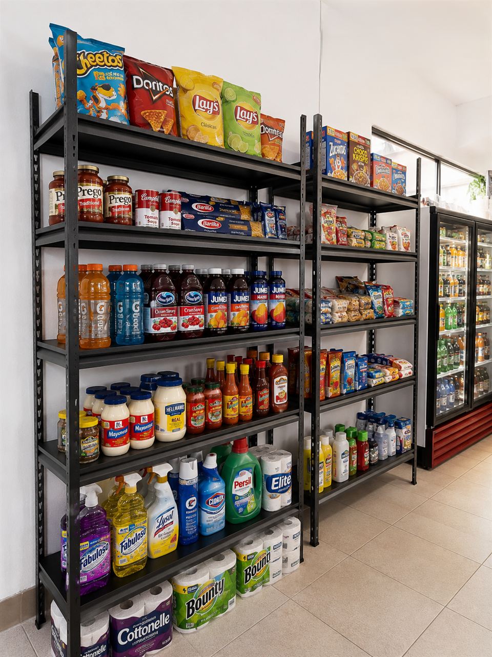 Estantes metálicos en minimarket